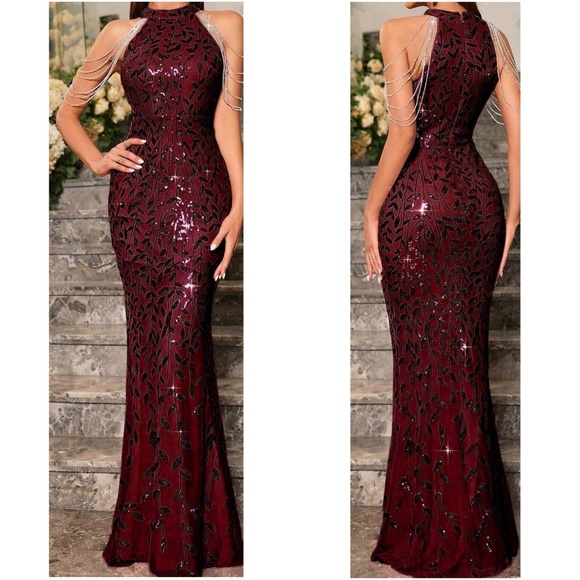 Luxe Sequin Halter Evening Party Wedding Bodycon Gown Dress - Picture 5 of 6